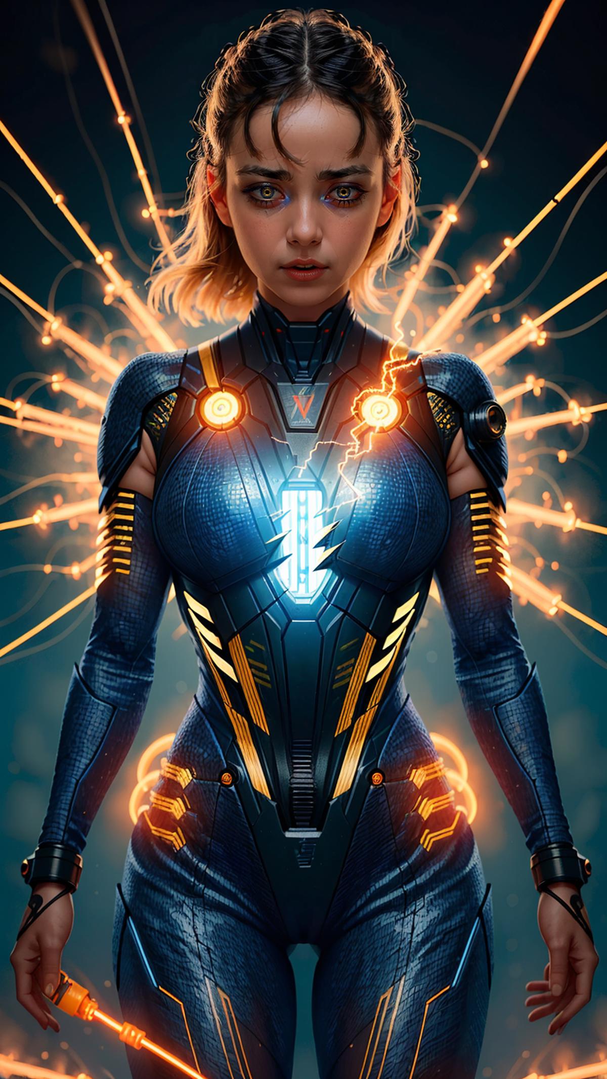 A woman in a blue, black, and yellow armor is the centerpiece of the image. She is wearing a unique outfit that is reminiscent of a futuristic or sci-fi character, complete with a sword. The design of her armor is intricate and eye-catching, making her the focal point of the scene. The image has a vibrant and dynamic quality, with sparkling lights and an overall sense of energy. The woman's striking appearance and the visually engaging elements of the image make it an attractive piece for view