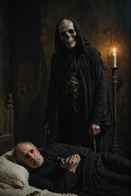 old man at death Lying on the bed, portrait, (candle:0.3), grim reaper standing,
in nicola samori style, warm, (dark shot, low key:1.2), 
<lora:NicolaSamori:0.5>,  <lora:xl_more_art-full_v1:0.5>