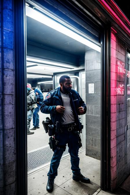 (utltra-detailed, masterpiece, best quality, high resolution:1), HDR, police arresting drug dealer in new york city, zh_shot_by_elsa_bleda, realistic,  <lora:ZH_ShotByElsaBleda_v1:0.8>, blue lights, dark
