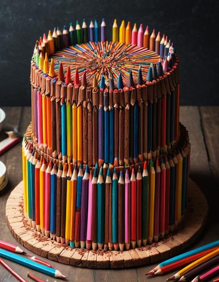 A delicious chocolate cake, but its made of colorful pencils <lora:Pencil_morph_style:1>