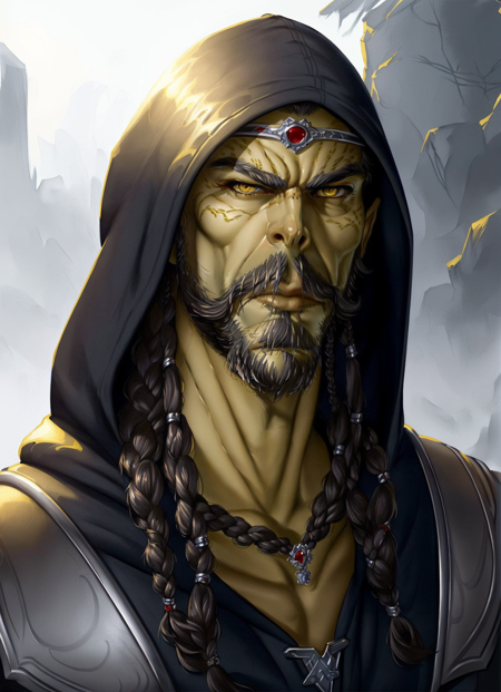 githyanki, solo, looking at viewer, male, jewelry, closed mouth, yellow eyes, braid, male focus, hood, facial hair, portrait, beard
, ((masterpiece, best quality)), art by greg rutkowski, artwork trending on artstation  <lora:githyanki_offset:1>