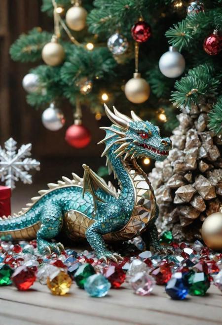 green diam0nd dragon siting next to a pile of colorful crystal gems, under a Christmas tree, highly detailed clean, beautiful detailed intricate, 8K