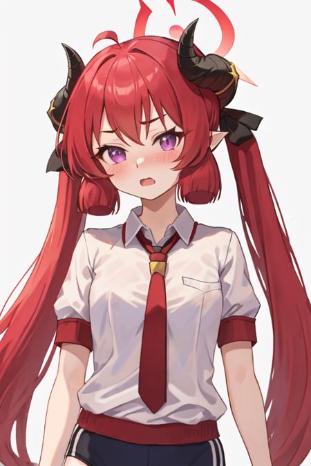 junko_bluearchive red_hair, horns, long_hair, twintails, halo, bangs, blush, pointy_ears, hair_between_eyes, open_mouth, purple_eyes, necktie, red_necktie