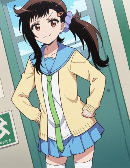 haru onodera, long hair, brown hair, black hair, hair ornament, brown eyes, hairclip, side ponytail, scrunchie, cardigan, yellow cardigan, skirt, shirt, thighhighs, school uniform, collarbone, white shirt, pleated skirt, necktie, serafuku, sailor collar, red ribbon, blue skirt, blue sailor collar,