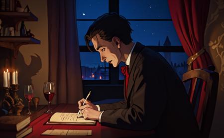 <lora:lofistudy:0.75>, lofistudy, 1man, from side, writing, dracula, vampire, castle, wine_glass, victorian, quill, inkwell, book, paper, curtains, night, window, victorian background