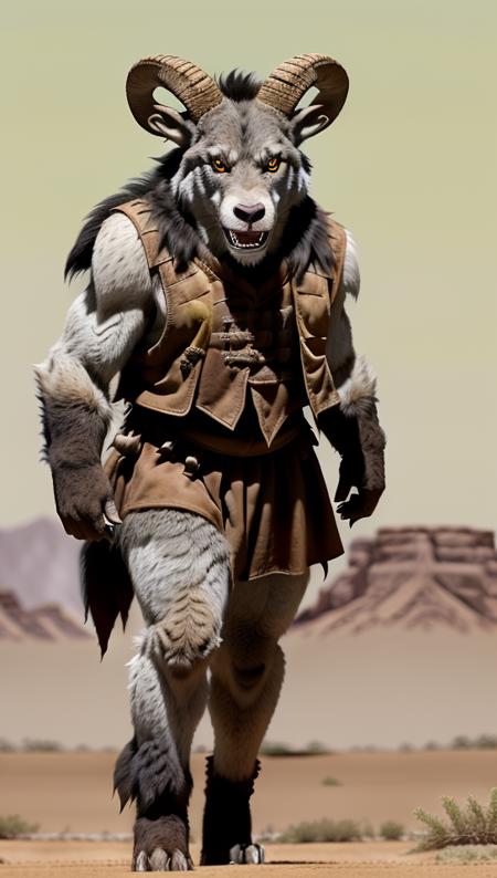 a detailed (full body) (from distance:1.2) photography of RamTrolloc with (wolf snout:1.1), grey body. standing in empty desert. dirty fur, bloodied

 <lora:WoTMonRam:0.7>