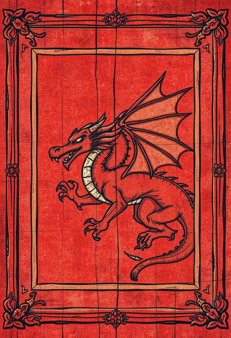 background is a red ancient dragon on the wooden tapestry tale with frames in a old sketchy shabby chic style