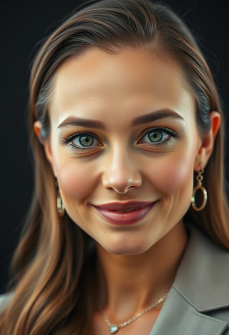Creates a hyper-realistic close-up portrait of a beautiful, approachable, intellectual woman. She has a kind and warm expression, with flawless skin and natural makeup that enhances her features. Her eyes are beautiful clear, firm gaze, business woman. She has long, wavy, well-coiffed hair, which enhances her feminine beauty, dressed in a clean, elegant outfit, elegant earrings and a subtle necklace with a pendant. The background is dark blurred, looking at the viewer, professional, defined photo, detailed perfect skin complexion, perfectly detailed textured lips, contest photo, winner.