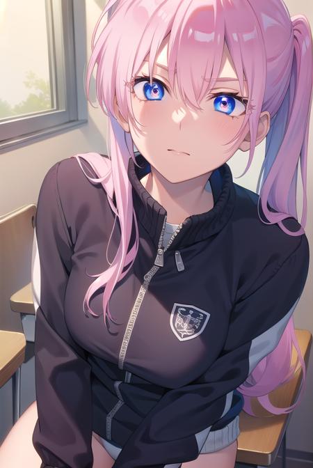 miyakoshikimori, <lora:miyakoshikimori-lora-nochekaiser:1>,
miyako shikimori, long hair, blue eyes, hair between eyes, pink hair,
BREAK long sleeves, jacket, white shirt, side ponytail, blue jacket, track jacket, track suit,
BREAK looking at viewer,
BREAK indoors, classroom,
BREAK <lyco:GoodHands-beta2:1>, (masterpiece:1.2), best quality, high resolution, unity 8k wallpaper, (illustration:0.8), (beautiful detailed eyes:1.6), extremely detailed face, perfect lighting, extremely detailed CG, (perfect hands, perfect anatomy),