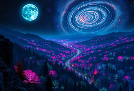 Create a mesmerizing nighttime landscape from the viewpoint of a high cliff on a mountain. A full, deep blue moon with a greenish tint illuminates the scene, casting an ethereal light across the landscape. The forest below is a vast expanse of neon-colored trees, with vibrant hues of electric pinks, blues, purples, and greens that glow against the darkness. A winding river, shimmering with moonlight, meanders through the valley. The sky is alive with an awe-inspiring galaxy, its spirals stretching across the horizon, and filled with countless vibrant stars in radiant colors. The scene should evoke a sense of surreal wonder, blending the mystical and the cosmic in a breathtakingly detailed and vivid display.