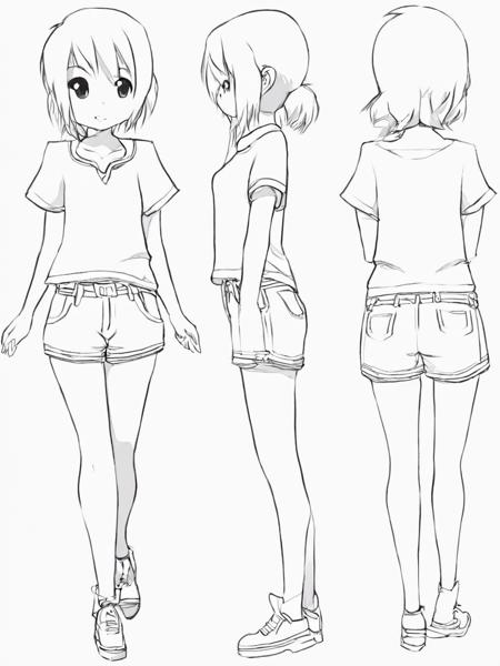 1girl, aogami, lineart, monochrome,full body,shorts, shirt, <lora:aogami_v11:1>