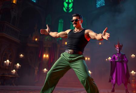 Centered Chaos Command Magician, dynamic wrestling stance, black tank top, green trousers, vibrant color contrast, arms outstretched, legs spread, head turned left, mustache, sunglasses. Ominous Mansion of Dreadful Dolls backdrop with Realm of Light elements. Purple Skilled Dark Magician prominent foreground figure. Cinematic lighting, depth of field, golden ratio composition. Octane Render, Unreal Engine 5, trending on Artstation, CGSociety, 8k resolution, hyperdetailed, concept art.