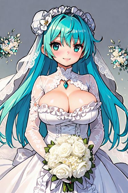 solo, 1girl, sheer, (wedding dress with flowers:1.1), looking at viewer,  green eyes, aqua hair, multicolored hair, bun, seductive smile, blush, large breasts, frills, bridal veil, silver gemstone, upper body, no light, floral background <lora:saitom_style_v03:1>