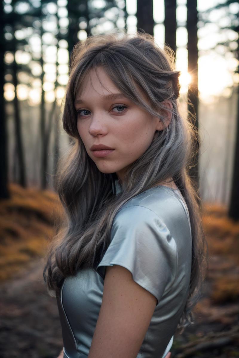 [face closeup of : : 0.2] lesydx wearing an [elegant: : 0.5] silver dress, looking at camera, foggy forest at sunset, long...