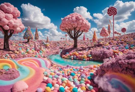 landscape, dreamy candyland, acid trip, mdma, lolipop trees, sweets, chocolate rivers, marshmallow clouds,