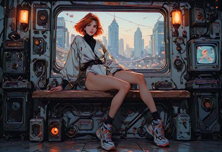 masterpiece, Shinkaistyle, pinkretroanime, retro art, Cyberpunk Style, cyberpunk, science fiction, hi tech, future tech, neon, (Cybernetics:1.25), (Neon Cityscape:1.4), (lineless:1.5), smooth edges, (lighten the face:1.5), tall body, slender body, fit body, long legs, two cats on a wooden bench in an Asian street during late afternoon. One black and white, and one orange. The bench is near a window with Japanese characters and red lanterns. Cherry blossom trees line the street. Green, brown, and warm orange hues. Soft and diffuse lighting.