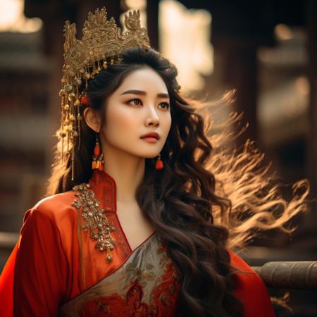 8K ,((masterpiece)),((highly detailed)),
1girl, Chinese ancient-style beauty,((an extremely delicate and beautiful)), queen,(((detailed head))), (((facial close-up))), flowing hair, phoenix crown, wearing a ((red dragon-phoenix gown)), with a( bell tower) background, slight depth of field,smirk