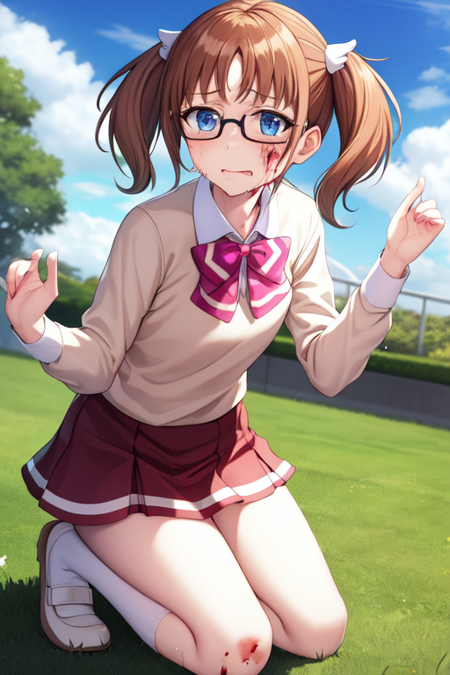 sakuraiaina, glasses, sky, hair ornament, shirt, day, tears, pink bow, blood, closed mouth, shoes, white socks