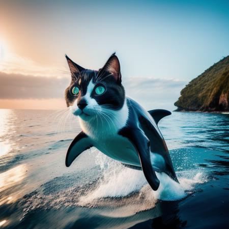 A photo of a cute dolphin-cat hybrid jumping from the sea, god light, cat face, dolphin body, bold natural colors, wide angle view,  masterpiece, trending on artstation, photograph, award-winning, documentary, wildlife, 8k