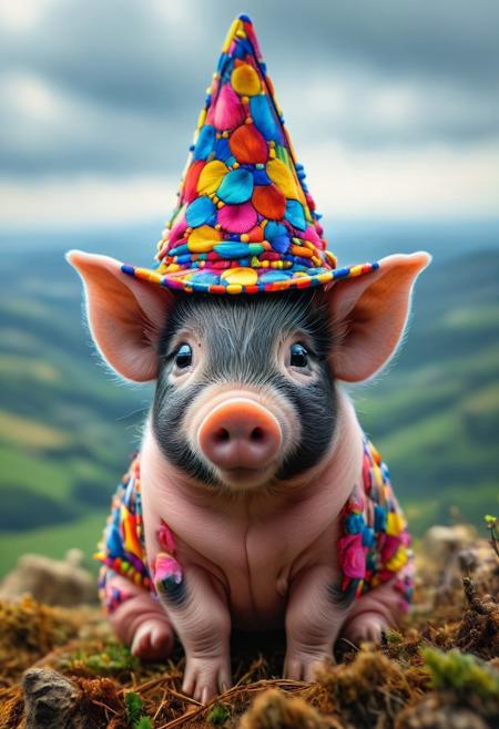 (((award winning photo))) of a baby pig who wears a colorful pointed hat and sits on a hill,(sharp focus:1.2),DOF,(masterpiece, best quality),(sharp focus:1.2),(photorealistic),(intricate details),unity 8k wallpaper,ultra detailed,