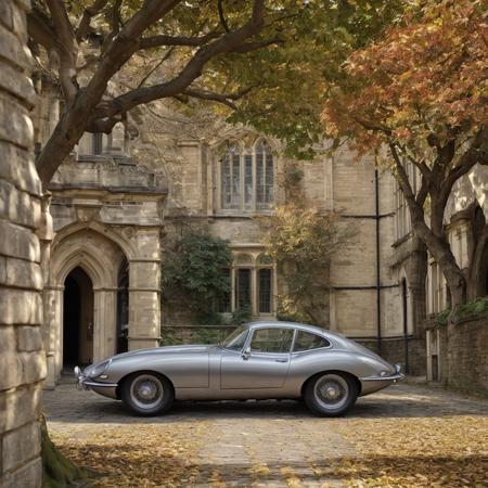 1960s Jaguar E-Type, Oxford University, England, (f_stop 2.8), (focal_length 85mm), timeless elegance, cobblestone streets, historic academic buildings, embodiment of British luxury and innovation, soft morning light filtering through ancient trees, vivid autumn leaves, 4k, uhd, hdr, detailed reflection on polished chrome, air of scholarly prestige