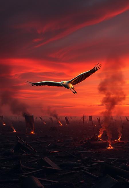 A solitary crane soars above a war-torn battlefield at dusk, its elegant wings stretched wide, cutting through the heavy air like silent brushstrokes of serenity amid chaos. Below, shattered armor, fallen banners, and abandoned weapons scatter across the earth, still glimmering faintly in the fading light. The sky is painted in dramatic hues of crimson and deep violet, swirling subtly as if shaped by an unseen hand, creating a surreal rhythm that contrasts with the sharp realism of the battlefield. Smoke rises from scattered fires, curling unnaturally into graceful arcs that echo the crane’s wingbeats, forming an abstract balance between destruction and peace. The crane’s feathers are meticulously detailed, reflecting soft golden light on their edges, embodying purity and calm against the harsh scene below. Camera angle is cinematic and slightly elevated, following the crane’s flight while capturing the full breadth of the battlefield beneath, infusing the moment with profound emotional stillness amid turmoil.