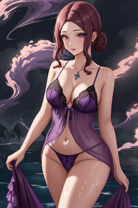 1girl, ,Elegant girl ,rounded eyes, digital painting, fan art,  smoke, <lora:bdelphine_760x1024v1:0.7>, <lora:negligee_v10:0.8>, negligee purple , dress ,wet clothes, frills,8k,hardline,highly detailed,intricately detailed,