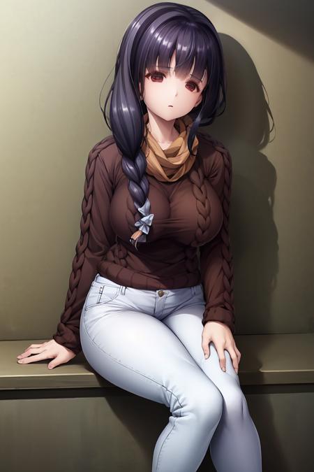 long hair, front braid, hair over shoulder, single braid, (empty eyes:1.2), expressionless, red eyes, large breasts, hair bow, sweater, pants, white pants, scarf, brown sweater, cable knit, aran sweater, black footwear, long sleeves