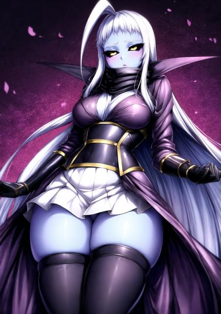 atmosphere, epic, (lalamon:1.15), 1girl, cute, black sclera, blue skin, colored sclera, lips, closed mouth, colored skin, huge ahoge, white hair, yellow eyes, solo, long gold and black metal gloves, long collar, black scarf, long hair, (looking at viewer:1.1), purple background, simple background, gold and black metal corset, long purple cloak,medium breasts, black thighhighs, clothed, white skirt, thick thighs, standing, light particles, <lora:lalaV8-30:0.85>, <lora:add_detail:1.0>