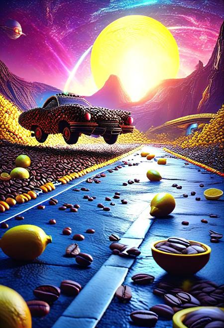 Dusk, Out Of Time, Highway, Dreamland, Spaceship made of coffee beans, Hunted, Lies, Nowhere, Lemons, Player, Chaos, 
3d-rendering, concept-art, digital, dreaminess, futuristic, multimedia, virtual-reality, 
eeriness, fantasy, other-worldliness, science-fiction, surreal, colorful, sci-fi, technological, alien worlds, space themes, advanced civilizations, 
intricate details, highly detailed, ultra-detailed, absurdres, unreal engine, octane rendering, high contrast, vivid, vibrant, volumetric lighting, sharp focus,