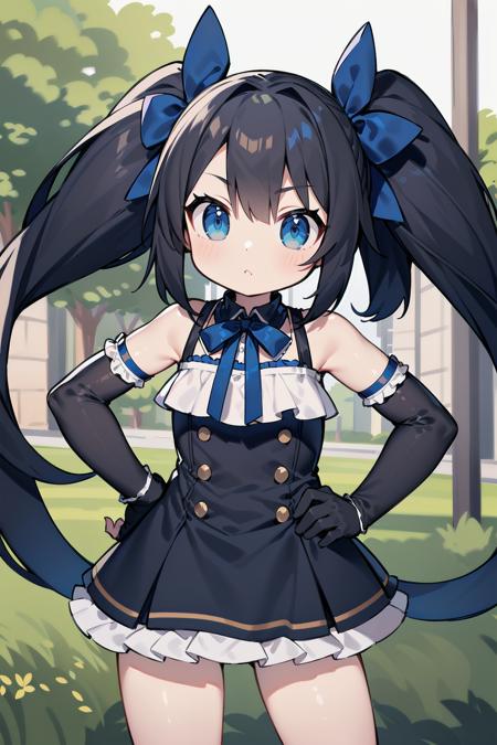 masterpiece, best quality, long hair, twintails, black hair, blue eyes, frilled dress, elbow gloves, outdoors, hand on hip,