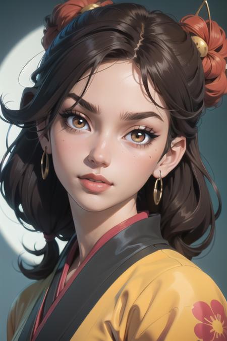 ((masterpiece)),(illustration),best quality,delicate details,refined rendering,Anime style,((Guido Daniele)),comic,((Japan Anime style)),((Menga style)),(((Toon style))),close-up view,1girl,kimono,((solo)),beautiful face,real skin texture,well-proportioned hands,standing,eyeliner,eyelashes,lipstick,eyeshadow,make up,nail polish,hair over one eye,punk head,flipped hair,Happy,Head Tilt,