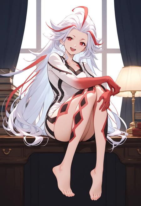 tsfaiba long white hair, very long hair, streaked hair, red eyes, glowing eyes, white outfit, red arms, bare legs, barefoot, leg tattoo