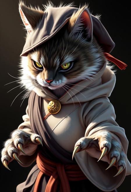 (((detailed, beautiful, high quality))), female humanoid cat, furry, anthropomorphic, monk clothes, big breasts, fighting posture, claws out