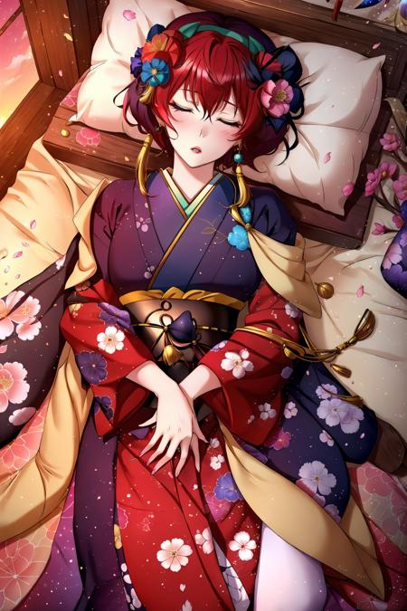 <lora:YONA1:0.75>, (Masterpiece, Best Quality:1.3), (thick lineart), (faux traditional media), highres, official art, best illustration, (8k resolution), ((yona1)), yona1, oiran, 1girl, solo, kimono, (from above:1.3), cowboy shot, aged down, (long hair:1.1), hair stick, tassel hair ornament, gold trim, breasts, obi, stylish, intricate, fantastic, fairytale, fantasy art, (detailed face), (lying on a bed of flowers, on back:1.2), (lovely eyes, looking at viewer, lipstick), tearing up, parted lips, <lora:OiranV3:0.4>, depth of field, silhouette, perfect, makeup, lovely, (details:1.2), camellia, various colors, vivid, colorful, shiny, sky, stars, lumen global illumination, (background in the style of Hokusai Katsushika:1.3), water, ripples , [bokeh], red and pink theme, ((sunset:1.1)), sleepy, soft lighting, <lora:ROBOCAP_STYLE:0.3>