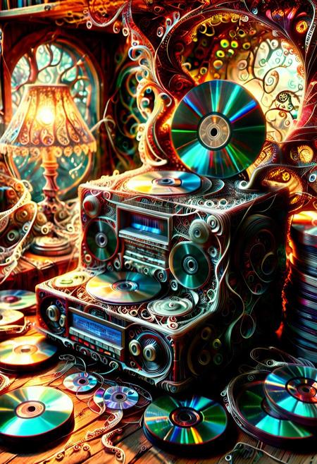 auralora, Fractangles, ral-frctlgmtry, fractal-flame, fractalex, fractalvines, PG-TR. A nostalgic scene: A vintage CD player sits atop a dusty wooden shelf, surrounded by stacks of worn-out jewel cases, each containing a prized collection of CDs. The warm glow of a retro lamp made from fractal vines casts a soft light on the cluttered space, as if illuminating the memories of a bygone era. In the foreground covered in fractal vines, a few select CDs are arranged in a deliberate pattern made of cd's made out of fractangles, like a fractal, symbolizing the beauty and complexity of the music that once filled these discs.