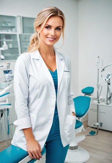 photo full-body portrait of a cute german woman \Stefanie Hinze\ as a dentist, deep cleavage (grainy:0.7)