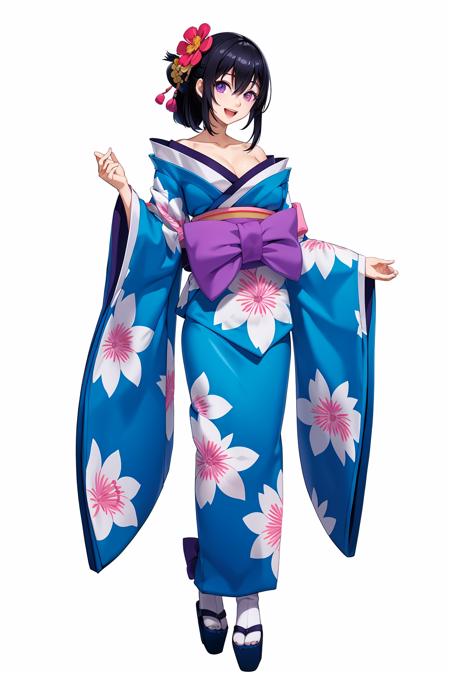 Concept art, Japanese two-dimensional style, game character design, 1girl, solo, japanese clothes, kimono, black hair, hair ornament, white background, full body, hair flower, blue kimono, simple background, breasts, looking at viewer, wide sleeves, cleavage, flower, smile, purple eyes, sash, tabi, open mouth, hair between eyes, obi, collarbone, bow, long sleeves, floral print<lora:erciyuanV5:0.8>,