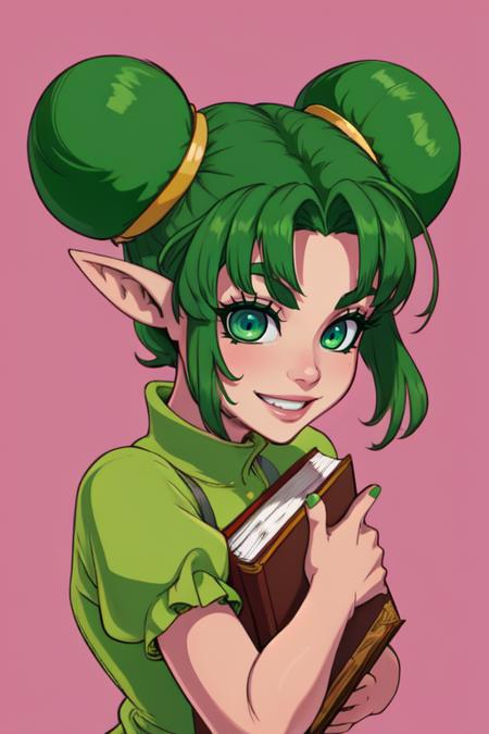 farore, pointy ears,green hair,double bun,green eyes, green fingernails, 
Gdress,green dress,pink pantyhose, puffy short sleeves,brown footwear, 
upper body, smiling,
holding book, 
(insanely detailed, beautiful detailed face, masterpiece, detailed eyes, best quality),
 <lora:farore:0.7>