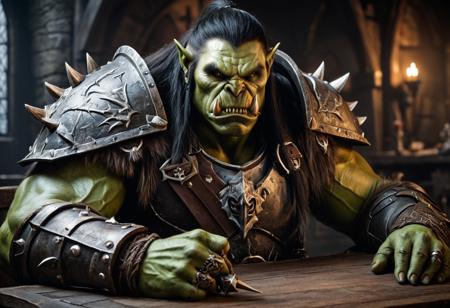 cinematic portrait,Orc D&D ultra quality, 4k,(masterpiece, best quality, 8k, ultra highres, highres:1.4), extremely detailed,young, big, green skinned muscular orc, long black hair, white orc tusks, wearing as warrior in metal armor, full torso metal and leather armor, sitting at the table, good character, fantasy fighter,medieval interior background, warhammer style , high detailed, detailed skin, detailed teeth and orc tusks, detailed eyes, photo realistic art,