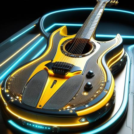 DonMX3n0T3chXL, a futuristic guitar, masterpiece, best quality, highly detailed, sharp focus, dynamic lighting