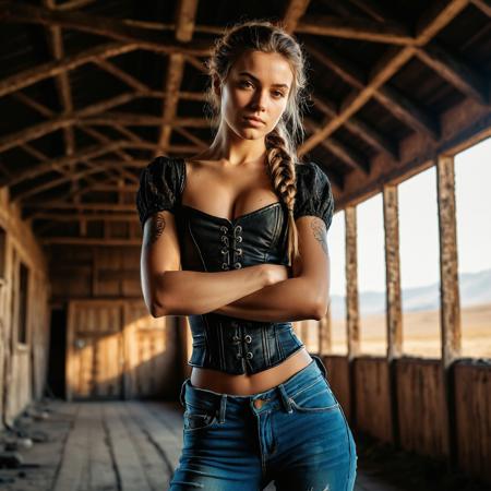 RAW full body analogue photo of a beautiful 20 years old woman, clear focus, 8K,__Random_Woman__,(background is a Rustic barn interior at dawn, dust particles dancing in golden light streaming through cracked window, worn wooden floorboards, vintage farming tools hanging on stone walls, woman in black lace corset and high-waisted jeans standing by antique plough, arms crossed, defiant expression, long French braid natural breasts, perky breasts, thicc, soft body,  gopro photo of an 20 yo woman, ((shoulder tattoos, sleeve tattoos)), blushing, shadow, hard light, dark background, vibrant tones, clean lines, minimalistic, artistic, abstract forms, modern design, dynamic angles, textured surfaces, contrasting hues, 50mm lens, f/8, eye-catching patterns, striking, crisp edges, imaginative ,photo Fantasy art combining the styles of Boris Vellejo and Luis Royo,Photorealistic, real photo, god rays, 1girl, 21yo,realistic, ,Sexy pose, erotic pose, exhibitionism ,lunar spaceport terminal during a cosmic event
