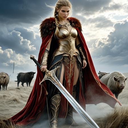 macabre style Ethereal Gothic Elegance, The image is a digital art piece that appears to be a fantasy or sci-fi scene. It shows nbn-freyja, blonde hair, braids, golden armor, red feathered cloak, runes, holding sword, boar in background, cloudy sky, cinematic lighting, full body shot, photorealistic, cinematic, breathtaking detailed, masterpiece, absurdres, awe-inspiring, best quality, vibrant colors . dark, gothic, grim, haunting, highly detailed, cinematic still Ethereal Gothic Elegance, The image is a digital art piece that appears to be a fantasy or sci-fi scene. It shows nbn-freyja, blonde hair, braids, golden armor, red feathered cloak, runes, holding sword, boar in background, cloudy sky, cinematic lighting, full body shot, photorealistic, cinematic, breathtaking detailed, masterpiece, absurdres, awe-inspiring, best quality, vibrant colors . emotional, harmonious, vignette, 4k epic detailed, shot on kodak, 35mm photo, sharp focus, high budget, cinemascope, moody, epic, gorgeous, film grain, grainy