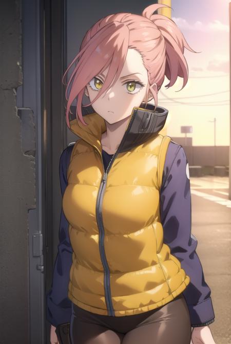 haruko haruhara, short hair, pink hair, (yellow eyes:1.3), folded ponytail, jacket, pantyhose, boots, vest,