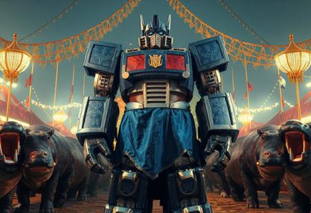 A Giant Grinder Gimmick Puppet from Transformers G1, in a carnival setting with hippos, stands at 1.78 meters, wearing a blue robe. Depict in a symmetrical full-body rendering, incorporating elements of communism, tyranny, and grime. Also, include Adularia, Countach, and grimdark-unmasked. Apply scumble technique, and remove the idol. Create in 4K, using Octane Render and Unreal Engine 5, with dynamic poses and vivid emotions. Ensure high-resolution, archival quality image, with sharp lines, stunning colors, and captivating lighting. Present on Artstation, CGSociety, Behance, and Pinterest, aiming for realism, with a joyful impact and powerful message. Incorporate golden ratio, and consider landscape photography with intricate golden filigree.