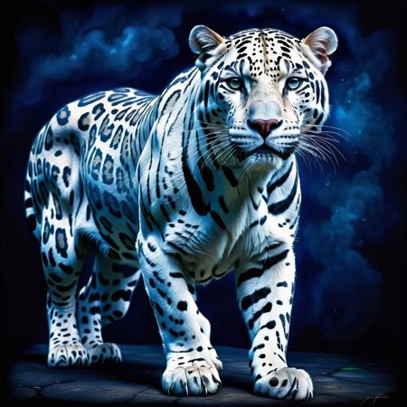 Ultra realistic full body color pencil drawn portrait of a pure white Jaguar.
Deep dark intense midnight blue misty background,
Dark theme, dynamic lighting, deep shadows