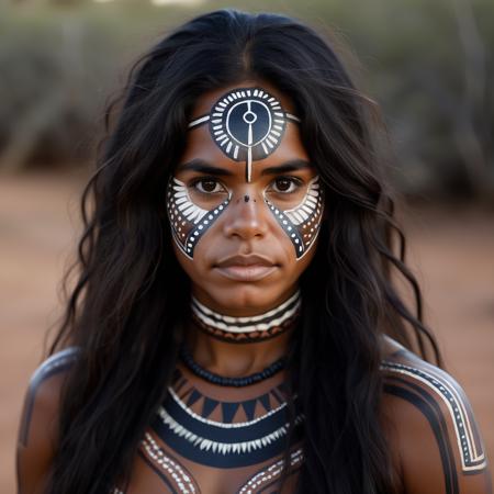 2d, A portrait of an Aboriginal Australian woman with long, flowing black hair, her deep brown eyes filled with a quiet intensity. She wears traditional body paint in earthy tones, and her expression is one of deep connection to the land and her ancestors., highly detailed, Terrible, hair light, Vibrant, serene <lora:usual-portrait-v2:.9>
