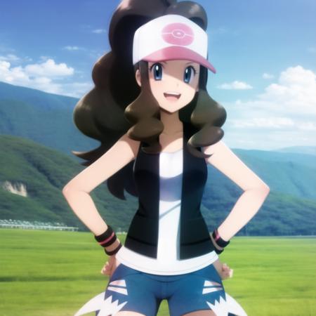 <lora:character_pokemon_hilda_v3:1> hilda \(pokemon\), mountain, sunny, 1girl, solo, cowboy shot, standing, hands on hips, looking at viewer, smile, open mouth, baseball cap, sleeveless shirt, vest, shorts, wristband,