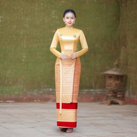 mmTD burmese patterned traditional dress pearl necklaces and gold bracelets black single bun hair with flower holding a cheroot cigar