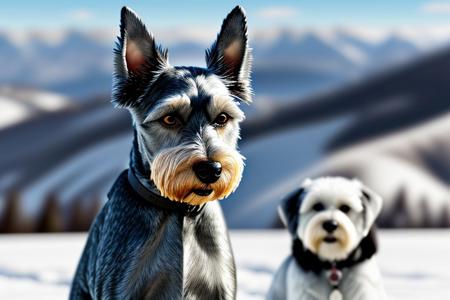 Miniature Schnauzer, Sultans, Snowy, Wide view, Movie still ,8k, masterpiece, best quality, hyperrealistic, superrealistic, photorealistic, ultra sharp, 16 bit colors, highres,